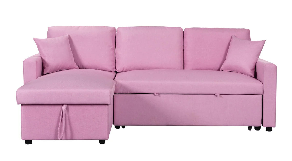 Pink Linen Fabric Reversible Sleeper Sectional Sofa with Storage Chaise B46648