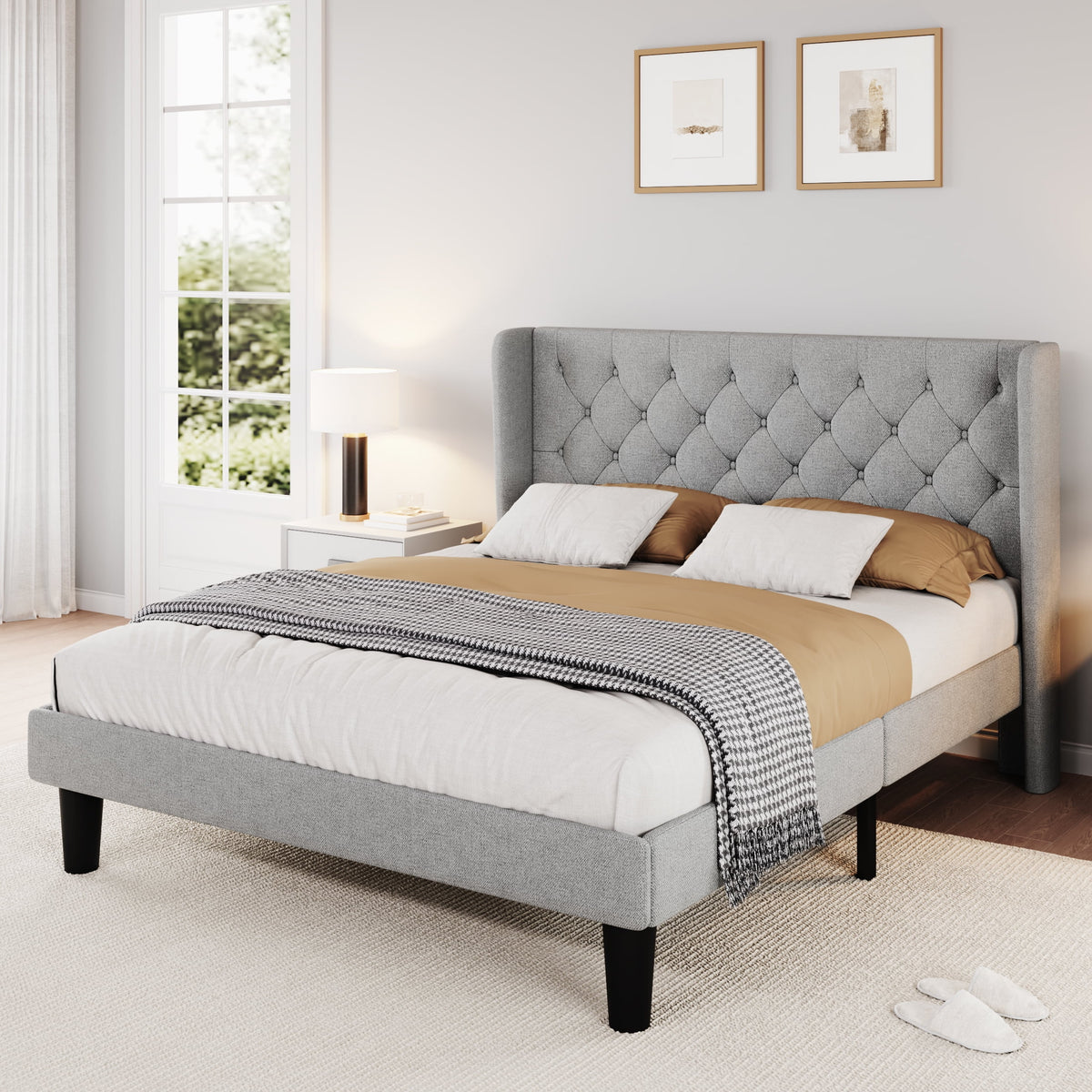 Queen Size Dark Grey Upholstered Platform Bed Frame I797