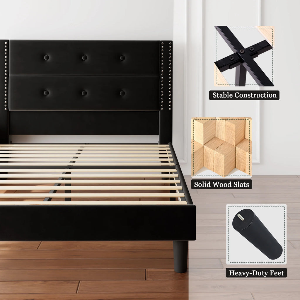 Queen Black Velvet Upholstered Platform Bed Frame with Tufting Headboard S196