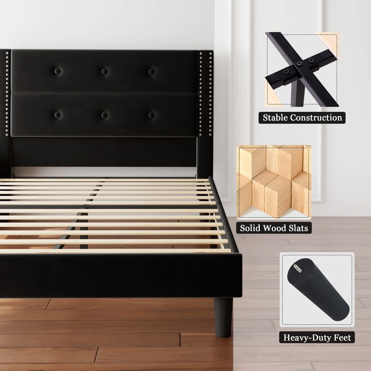 Queen Black Velvet Upholstered Platform Bed Frame with Tufting Headboard S196