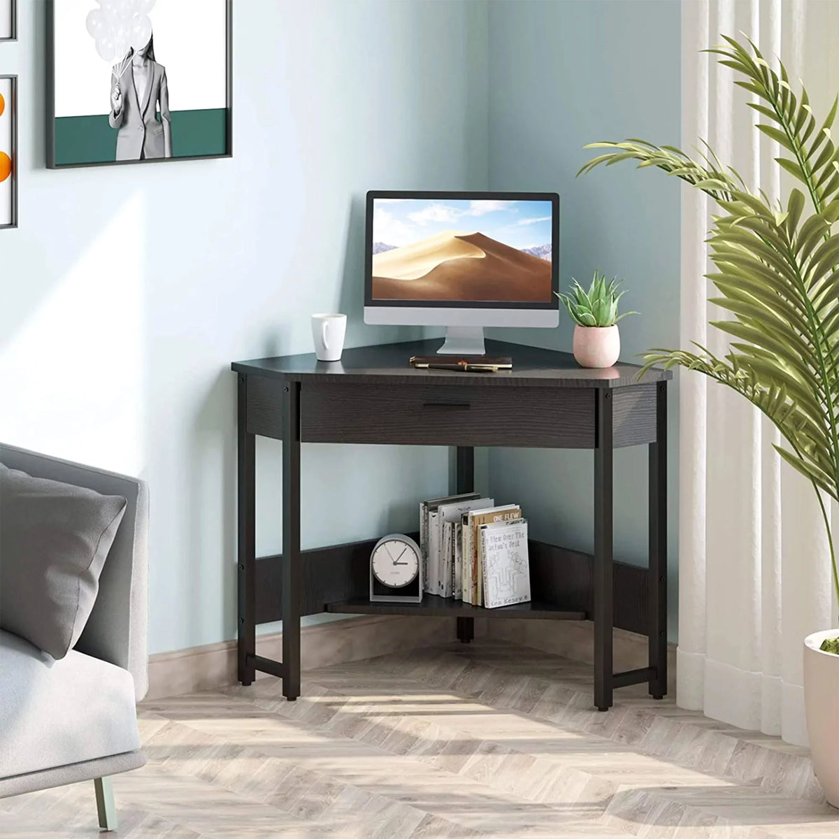 Black Corner Computer Desk with Storage Drawer E9844