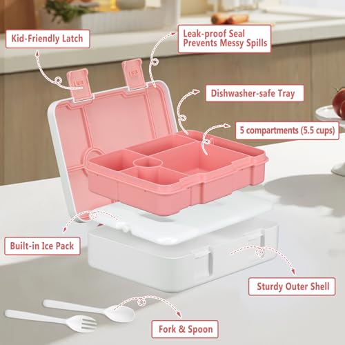 Kids 5 Compartment Leak-Proof Bento Lunch Box with Ice Pack and Utensils G85455
