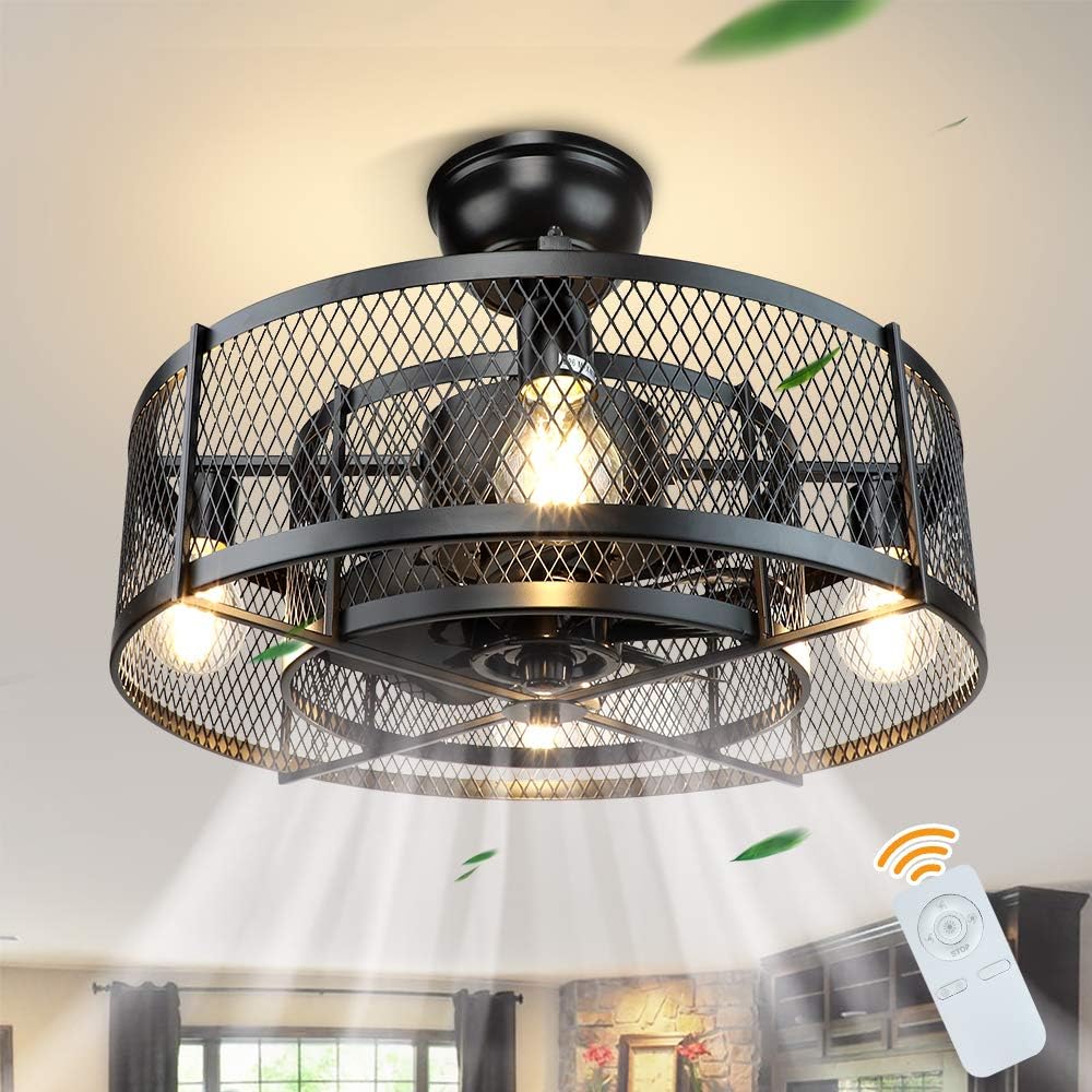20In Caged Ceiling Fan with Light, 3 Speeds, Remote, Black V2609