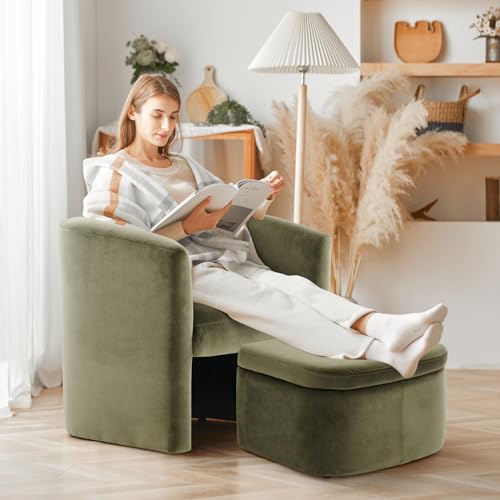 Green Velvet Accent Chair with Storage Ottoman W1062