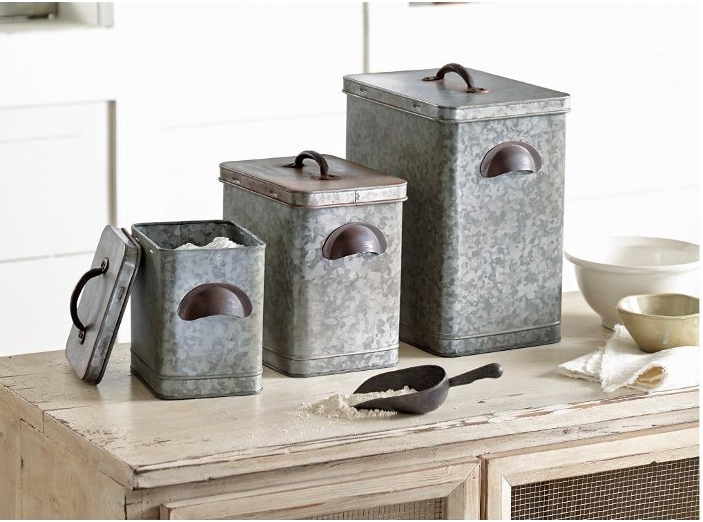 Galvanized Tin Kitchen Canisters Set of 3 Q212