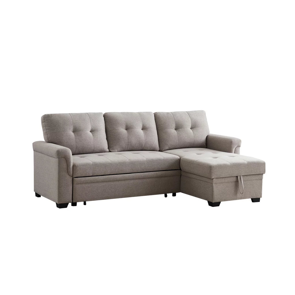 Light Gray Linen Reversible Sleeper Sectional Sofa with Storage Chaise I741875