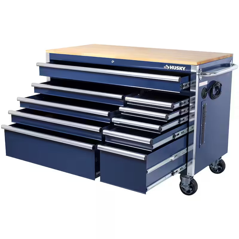 10 Drawer Mobile Workbench Tool Chest with Wood Work Top in Gloss Blue V804425