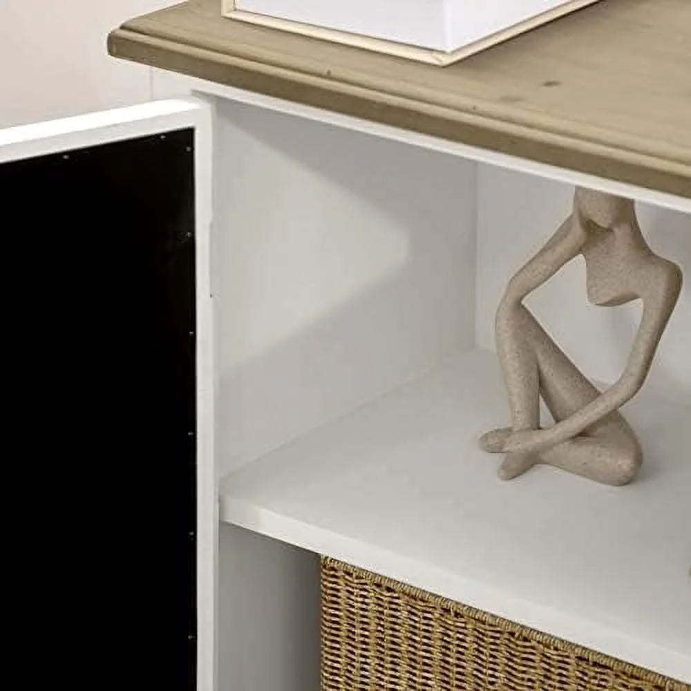 White Sideboard Buffet Cabinet with Double Glass Doors and Solid Wood Countertop B906509