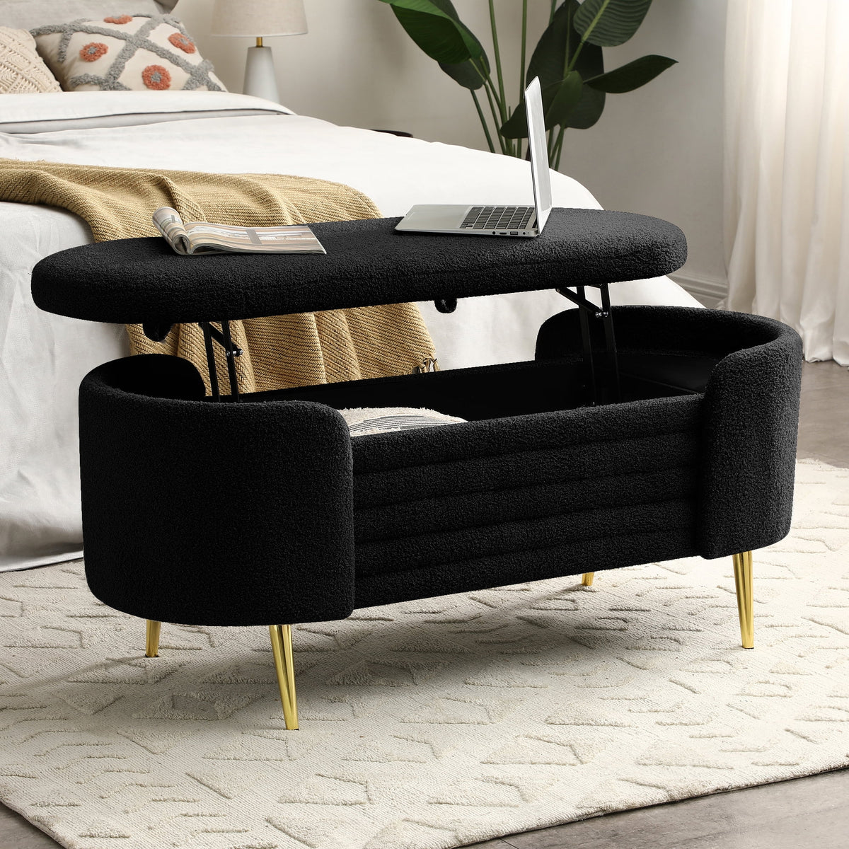 Black Sherpa Fabric Storage Bench V82058