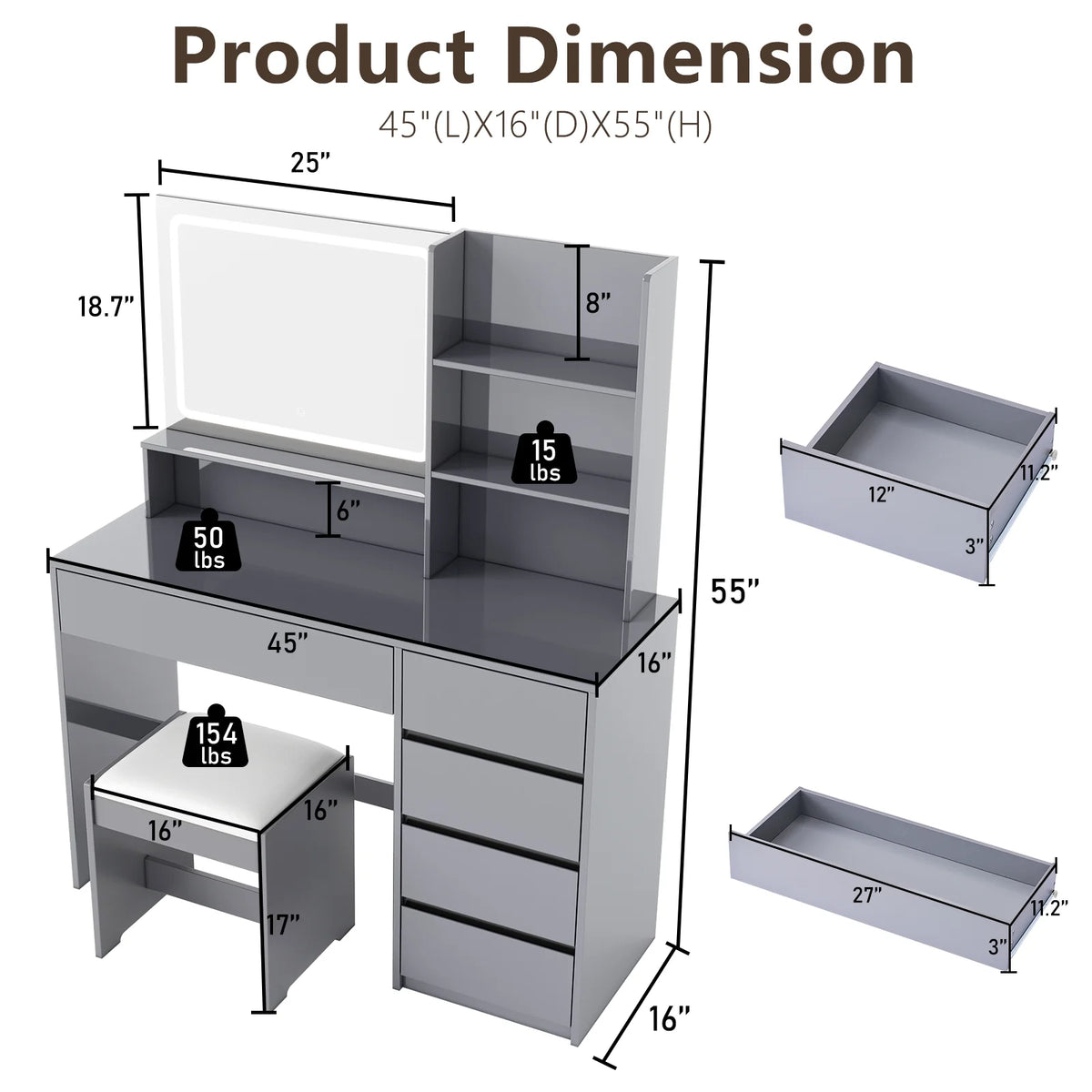 Gray Vanity Desk with Mirror and 4 Drawers Y288411