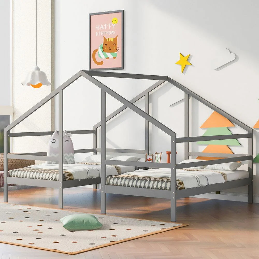 Twin Size Triangular House Beds with Built-in Table Gray Q72403