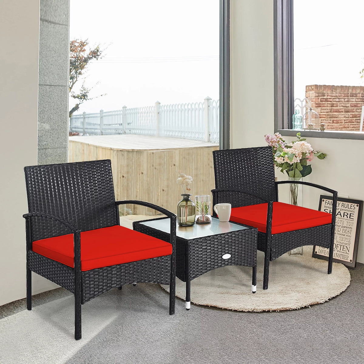 3 PCS Patio Wicker Rattan Furniture Set with Cushion L3053