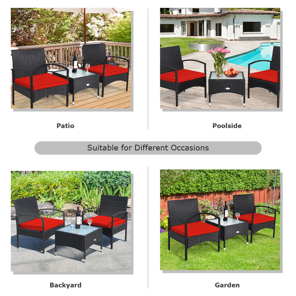 3 PCS Patio Wicker Rattan Furniture Set with Cushion L3053