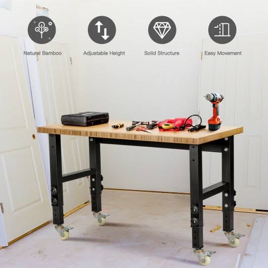 Adjustable Height Bamboo Top Workbench with Caster S632