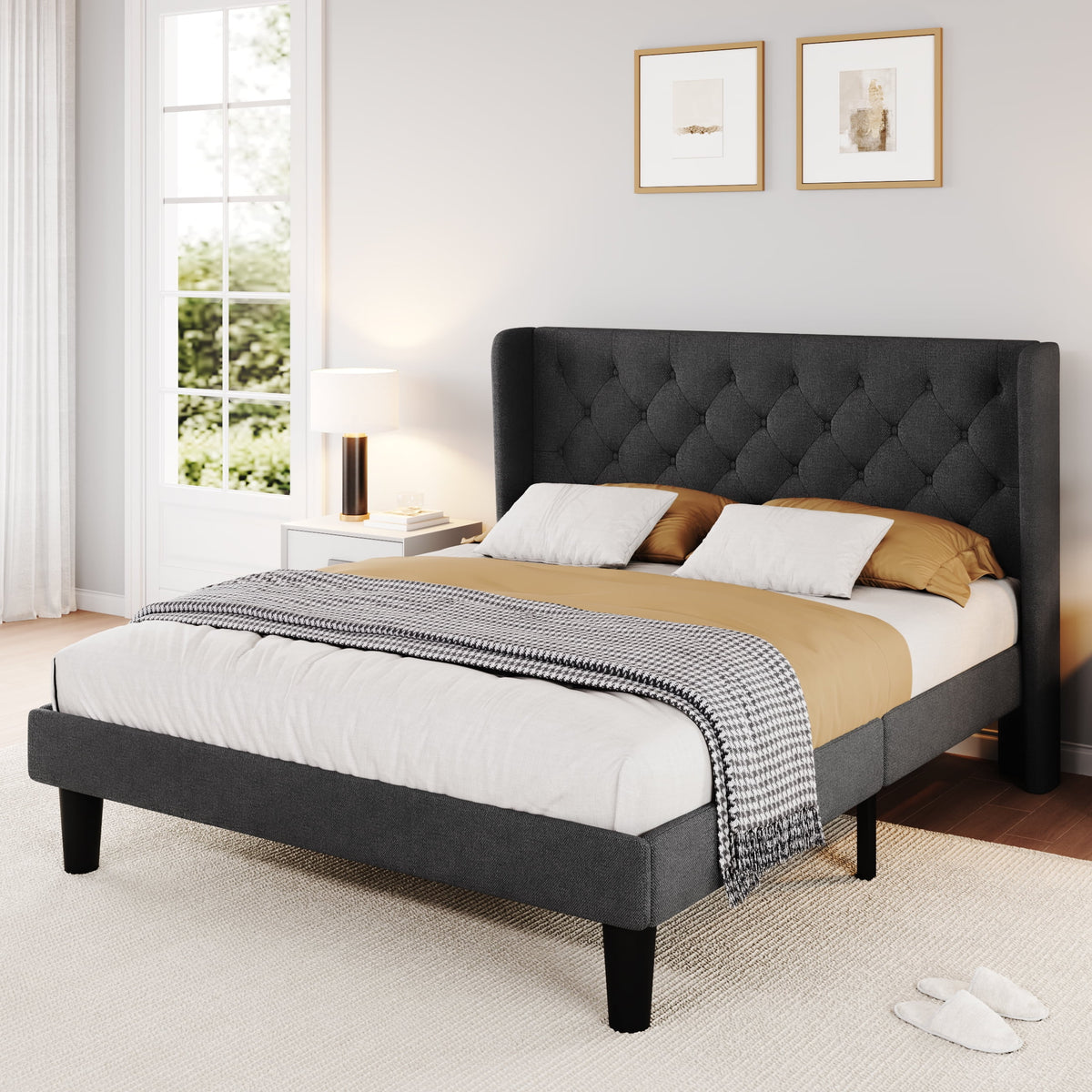 Queen Size Dark Grey Upholstered Platform Bed Frame I797
