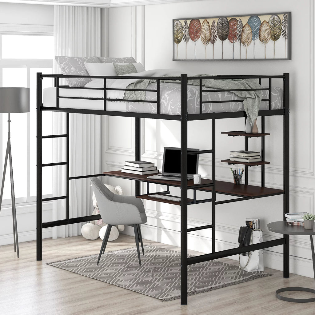 Metal Twin Size Loft Bed with Desk and Shelf T506
