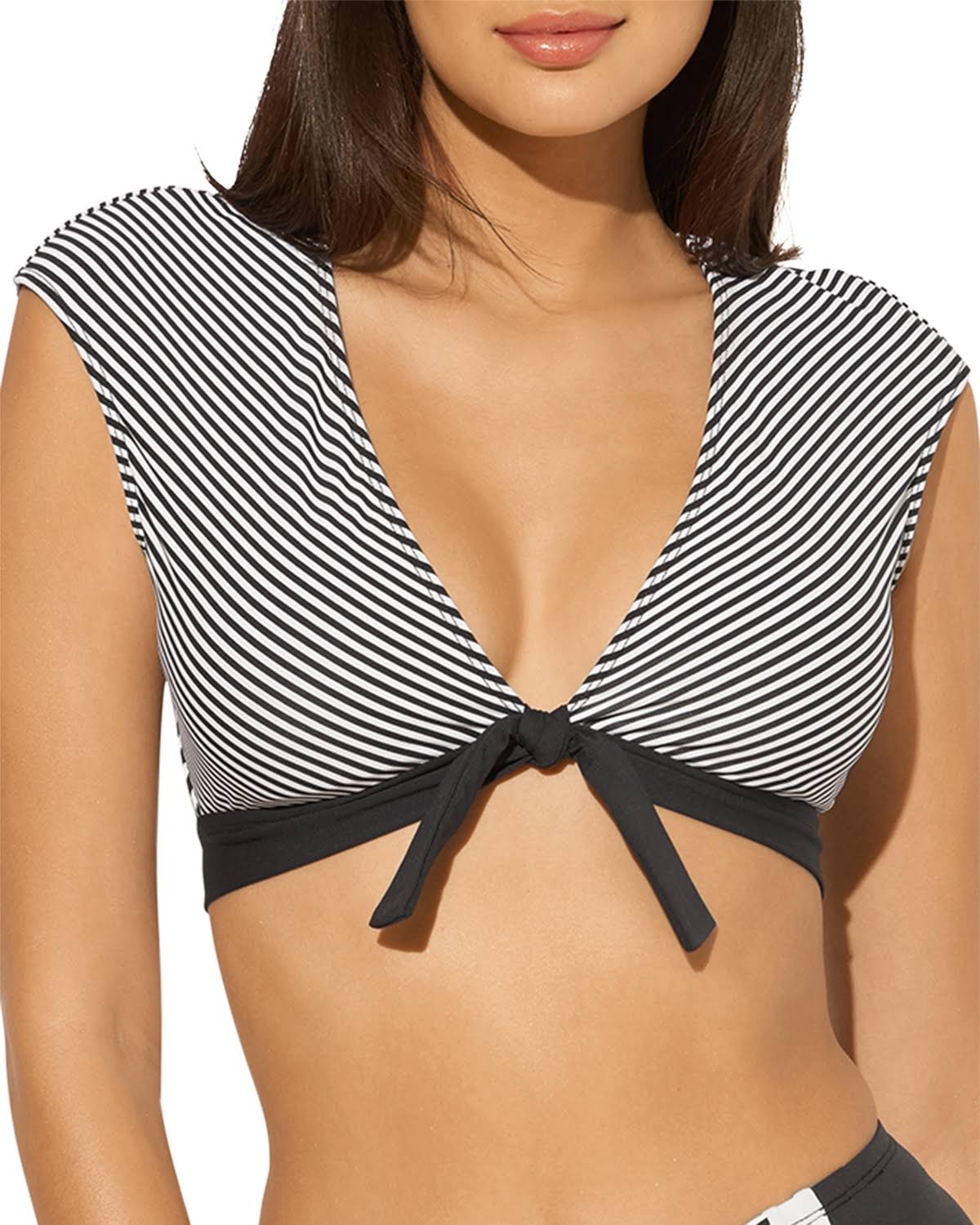 Black Tie Front Cap Sleeve Swim Top K489