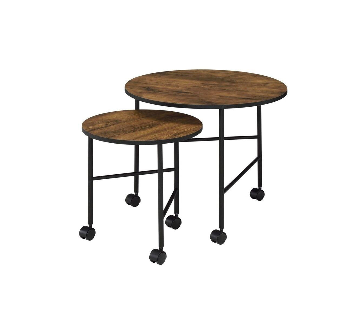 Round Nesting End Table with Casters, Oak Brown and Black S340