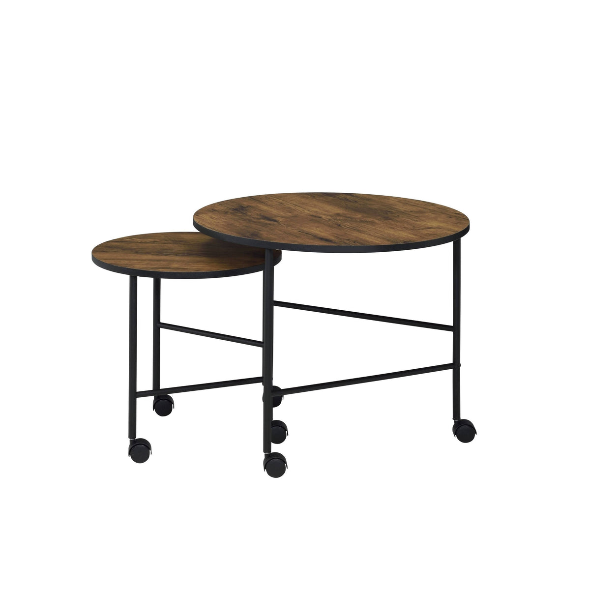 Round Nesting End Table with Casters, Oak Brown and Black S340