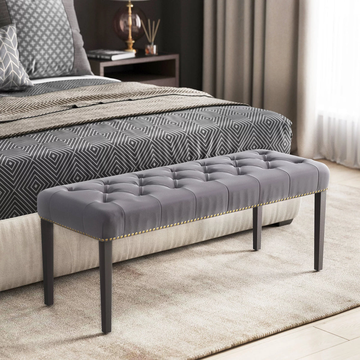 Grey Linen Upholstered Ottoman Bench Q53731