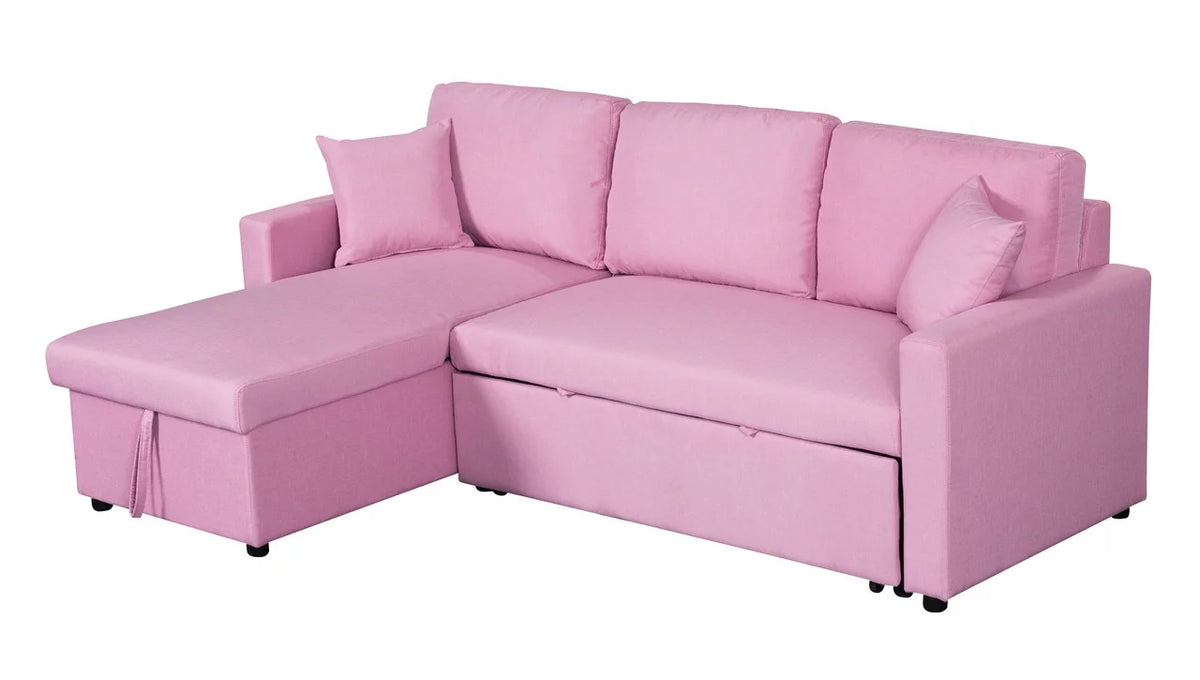 Pink Linen Fabric Reversible Sleeper Sectional Sofa with Storage Chaise B46648