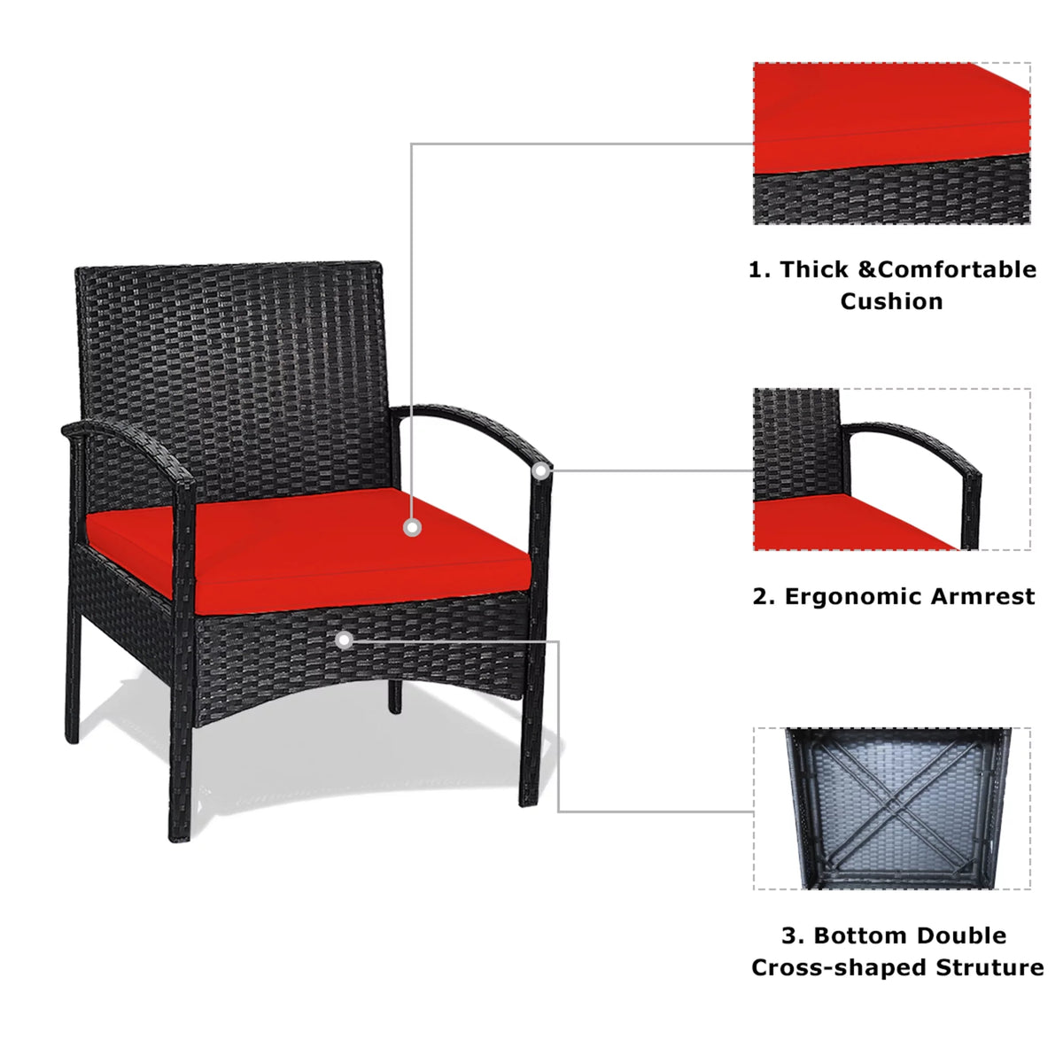 3 PCS Patio Wicker Rattan Furniture Set with Cushion L3053
