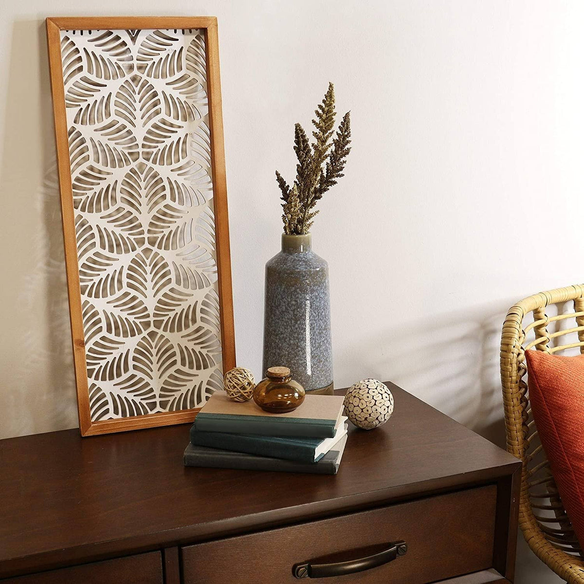 Carved Leaf Wood Wall Panel White Tropical Finish M618626