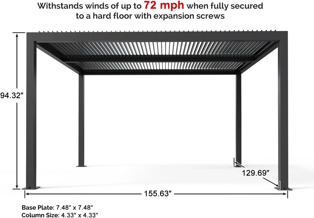 11' x 13' Grey Aluminum Louvered Pergola O71906