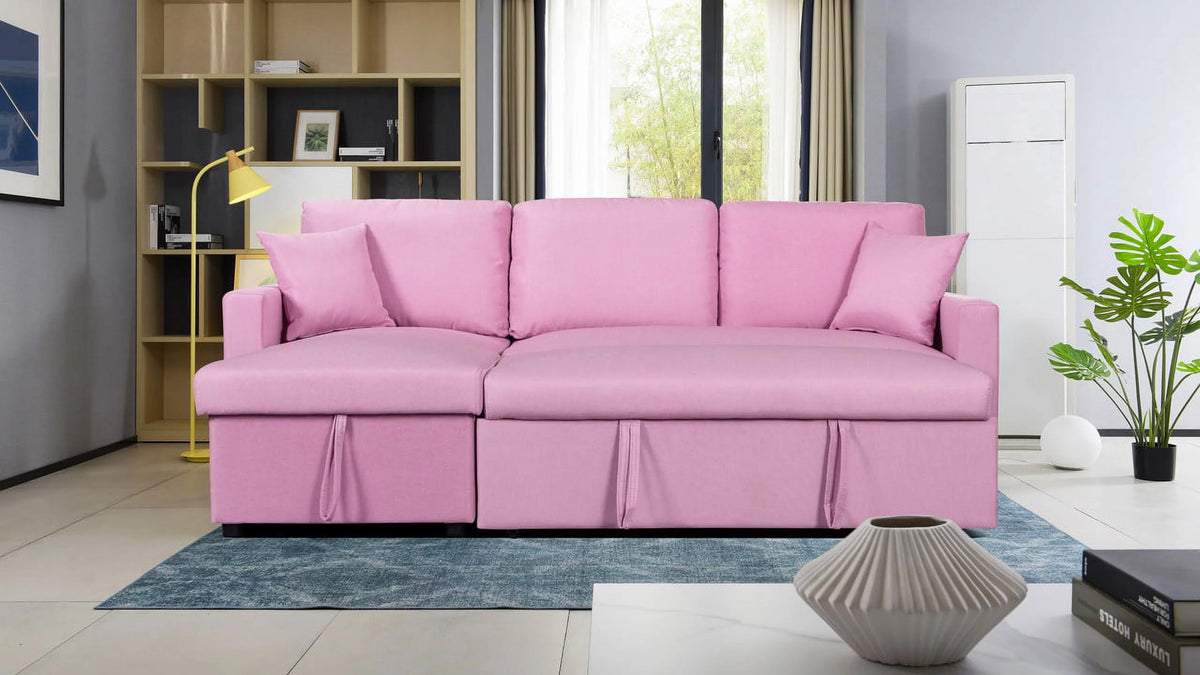 Pink Linen Fabric Reversible Sleeper Sectional Sofa with Storage Chaise B46648