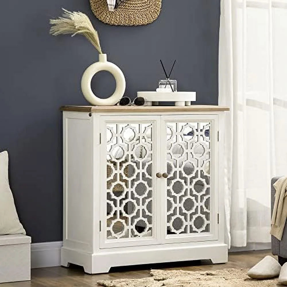 White Sideboard Buffet Cabinet with Double Glass Doors and Solid Wood Countertop B906509