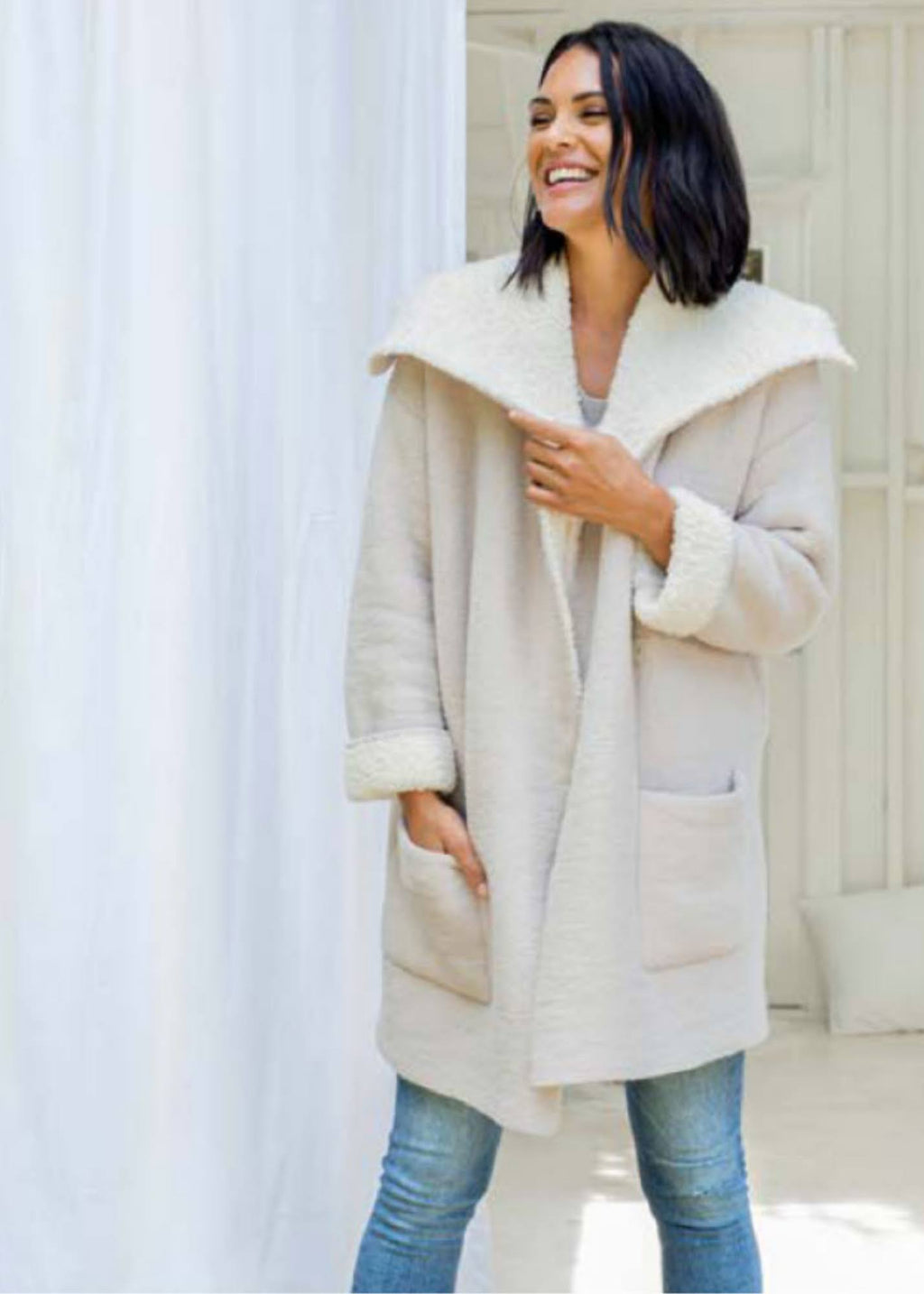 Stone Cream Shearling Car Coat B3923
