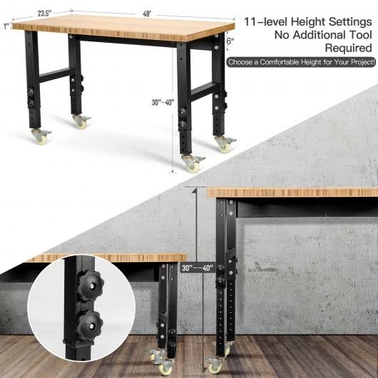 Adjustable Height Bamboo Top Workbench with Caster S632