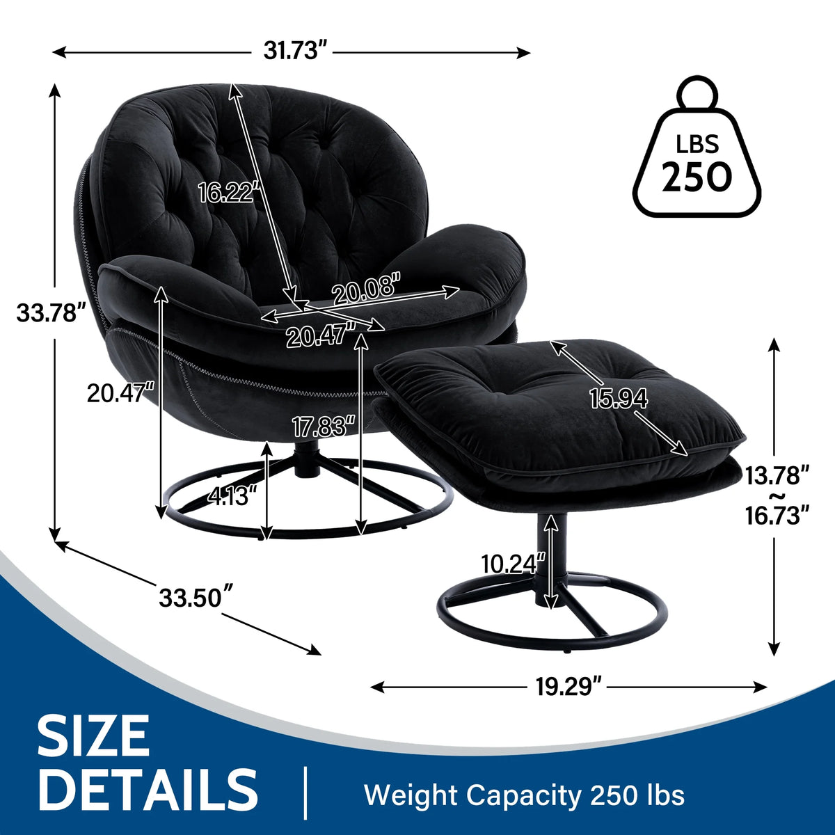 Black Velvet Swivel Accent Chair with Ottoman F975