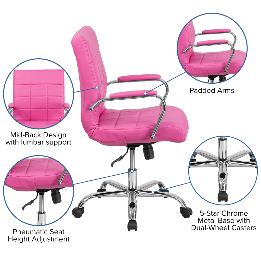 Mid-Back Pink Vinyl Executive Swivel Office Chair with Chrome Base and Arms J379