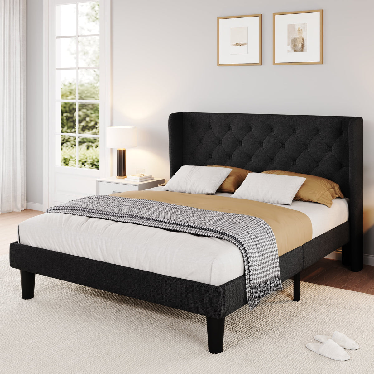 Queen Size Dark Grey Upholstered Platform Bed Frame I797