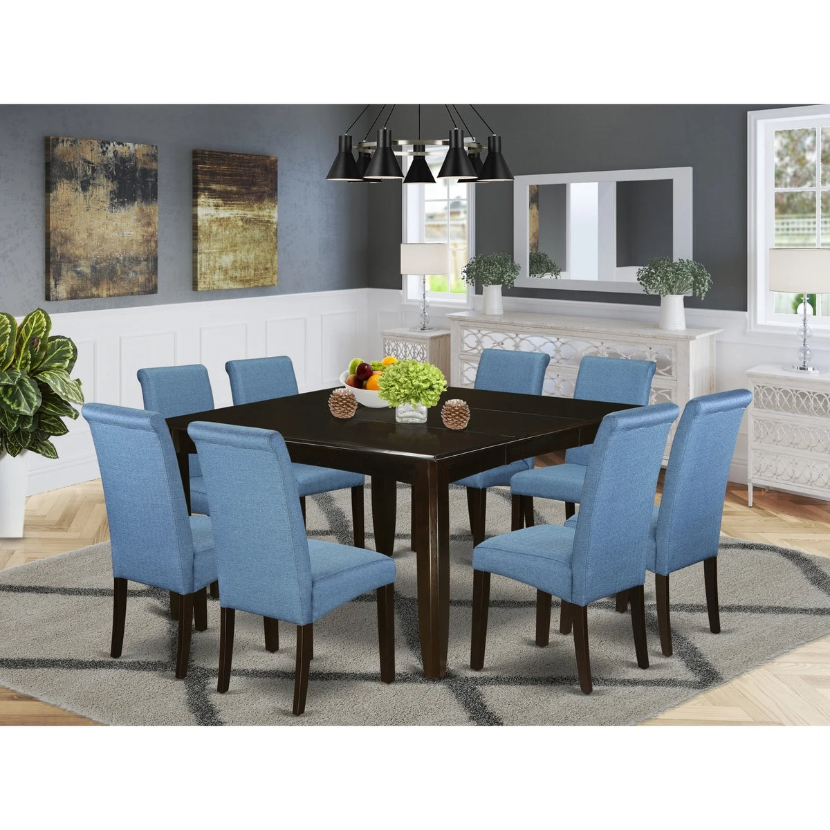 9Pc Square Dining Table with Blue Fabric Chairs C647