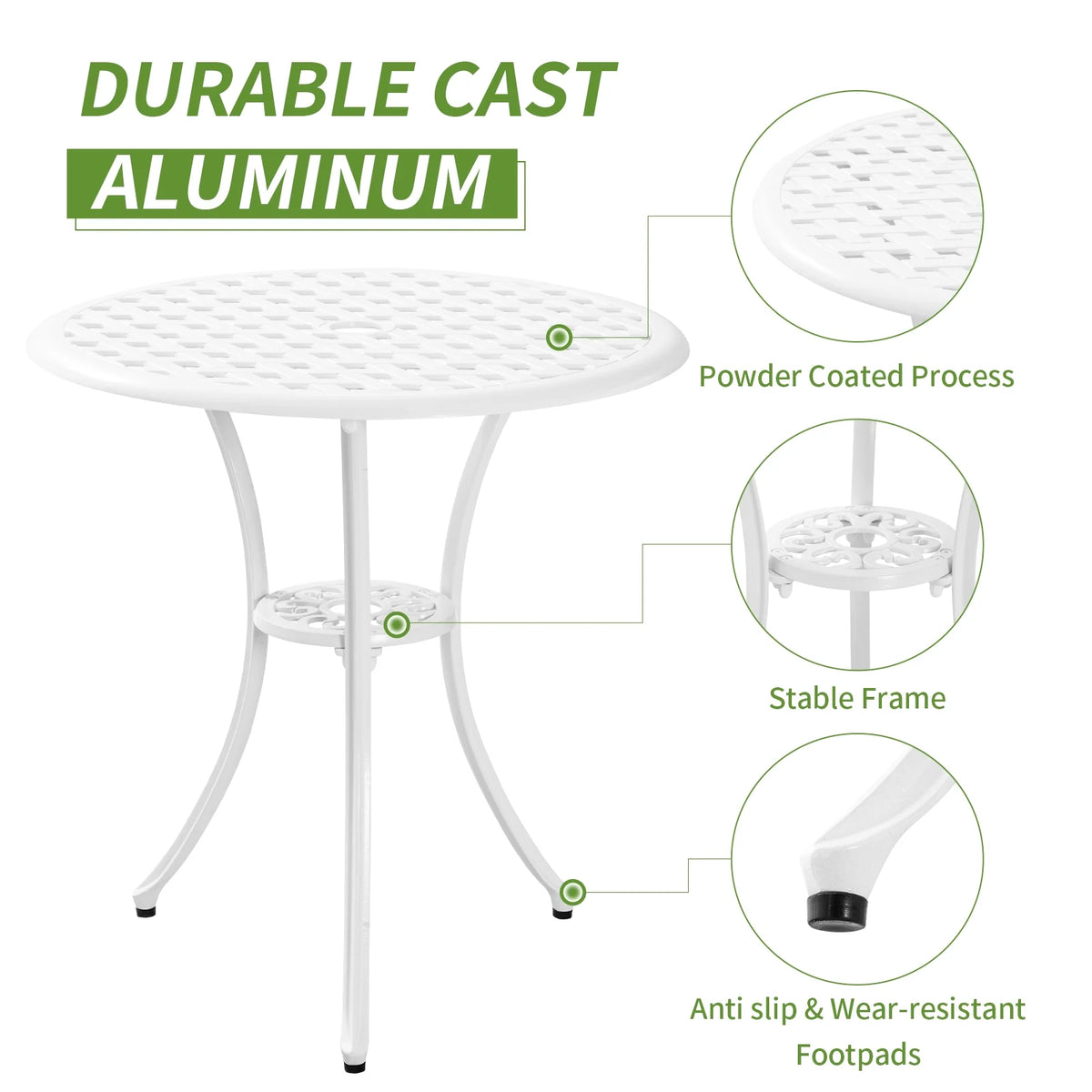 White Bistro Set with Umbrella Hole Cast Aluminum U579