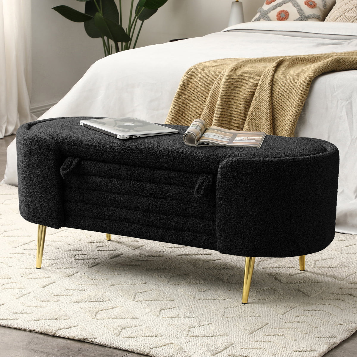Black Sherpa Fabric Storage Bench V82058