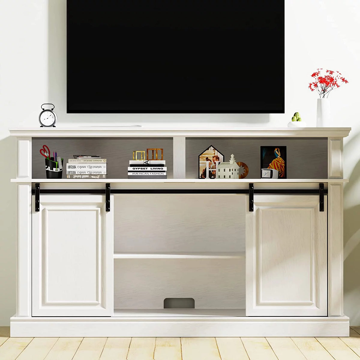 White TV Stand with Barn Door R6940