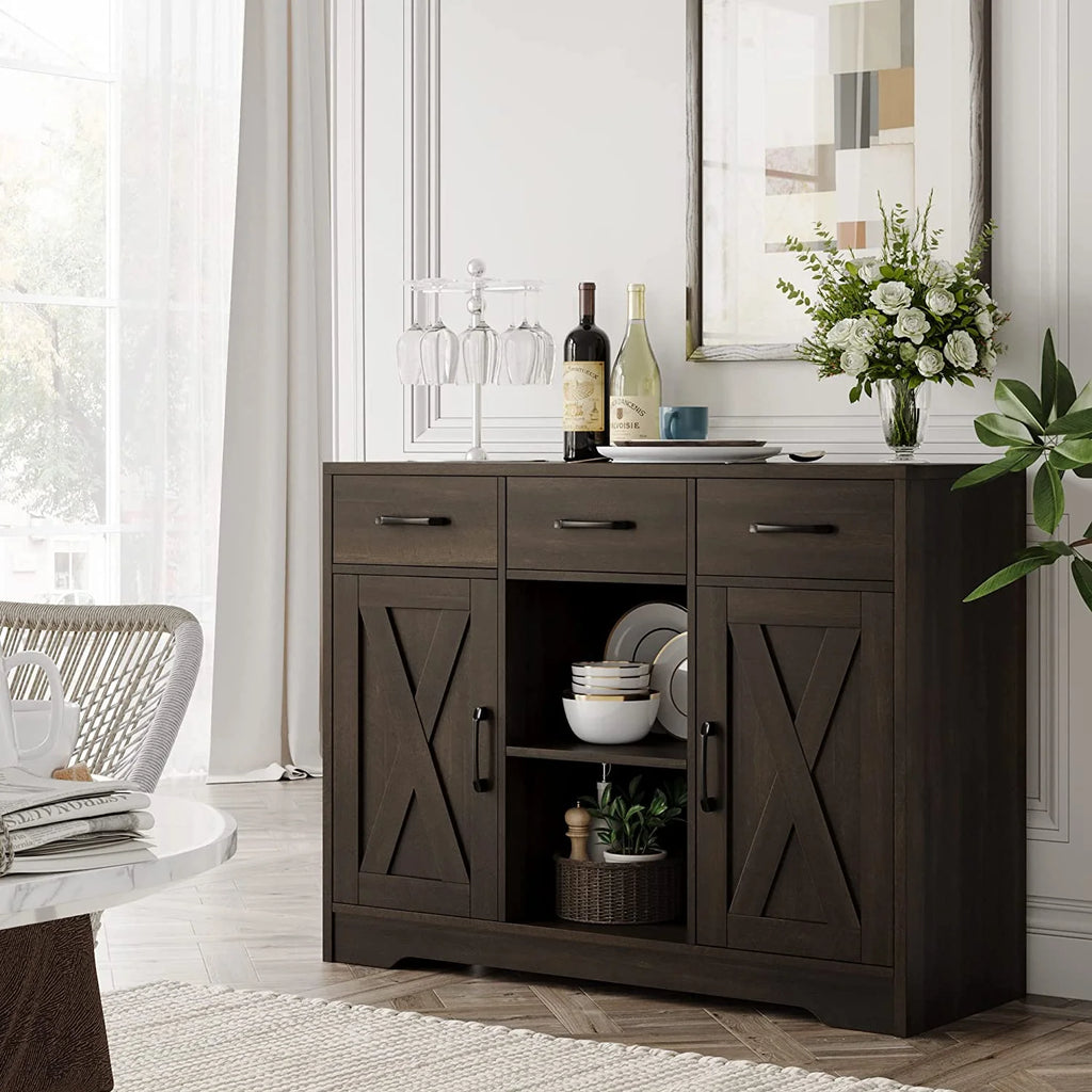 Dark Brown Wood Buffet Storage Cabinet with Barn Doors O63160
