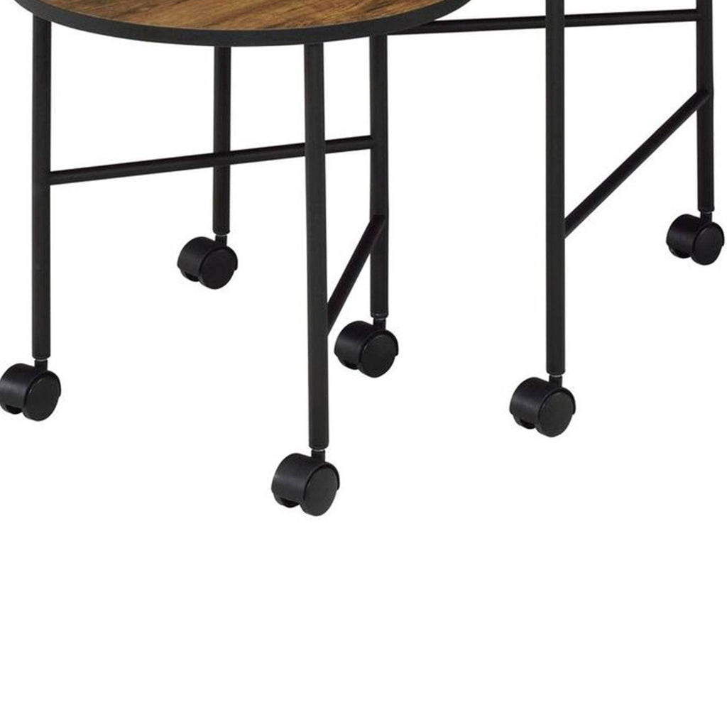 Round Nesting End Table with Casters, Oak Brown and Black S340