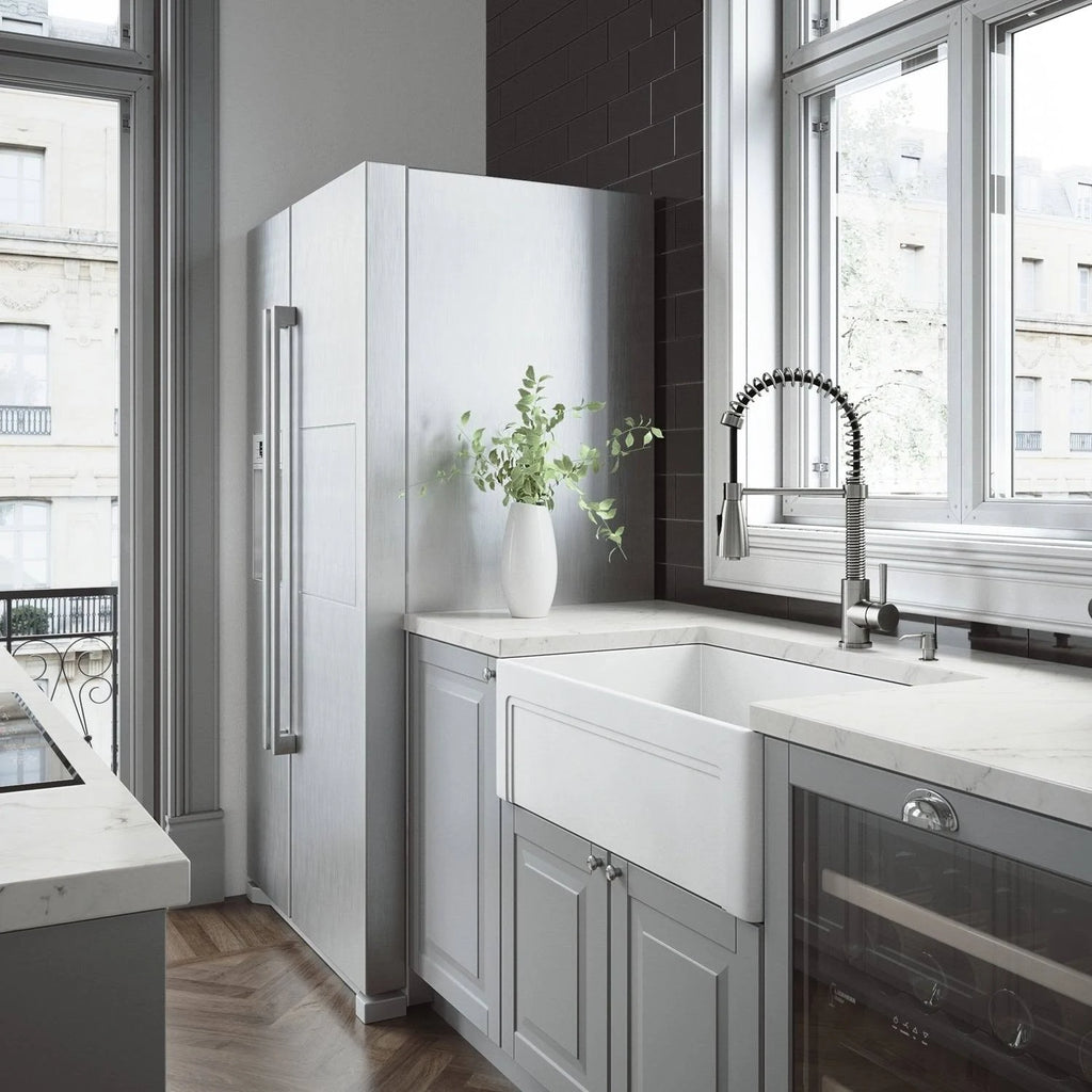 30 in. Matte Stone Farmhouse Kitchen Sink Set with Faucet in Stainless Steel Y396167