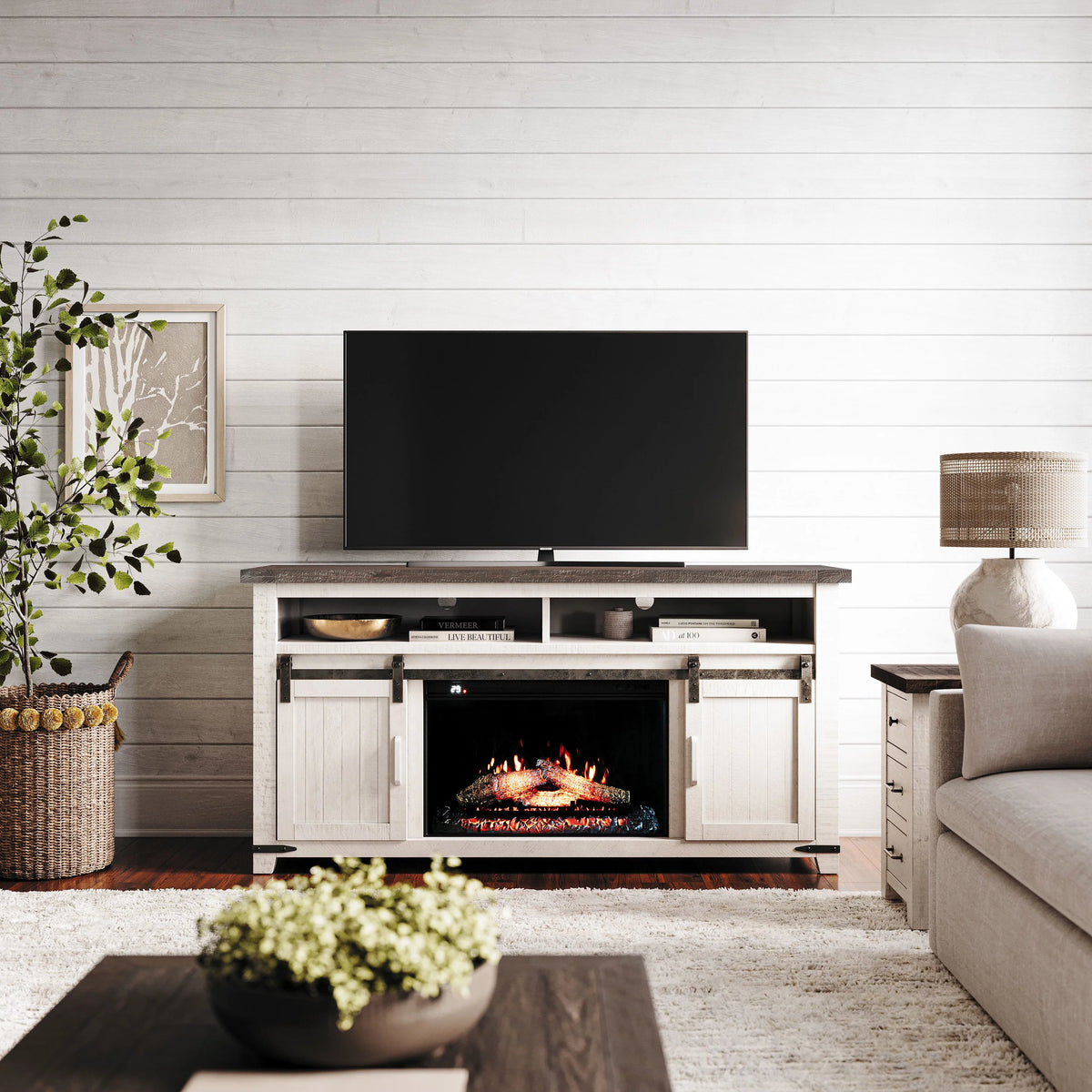 Solid Pine 64" TV Stand Console with Electric Fireplace E811