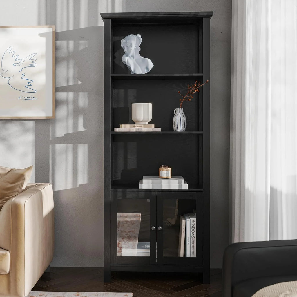 Black Wooden Bookcase And Storage Cabinet With Tempered Glass Doors And 3 Upper Shelves L57333