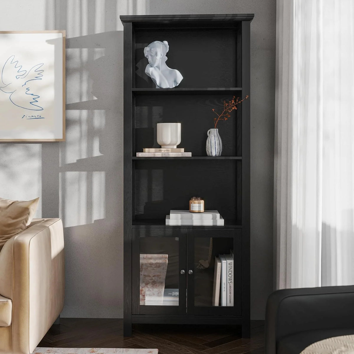 Black Wooden Bookcase And Storage Cabinet With Tempered Glass Doors And 3 Upper Shelves L57333