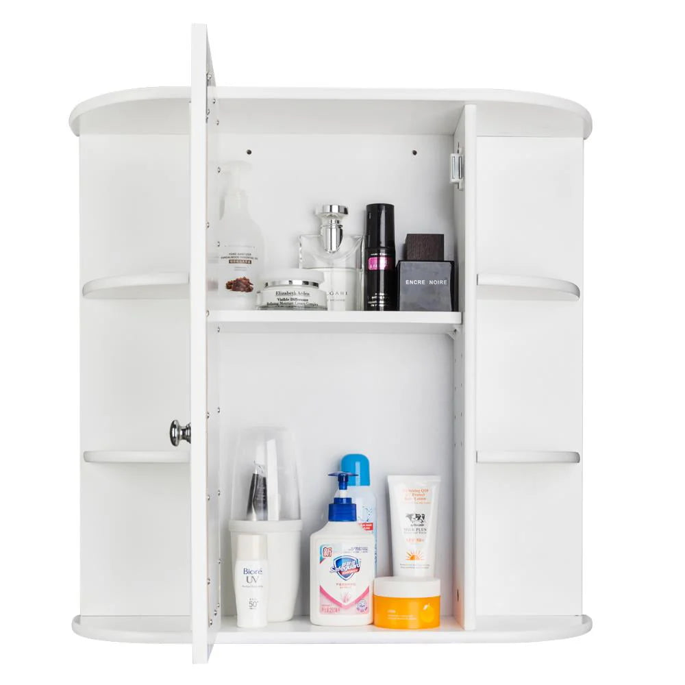 White Wooden Bathroom Storage Cabinet with Mirror Door & 8 Shelves J16722
