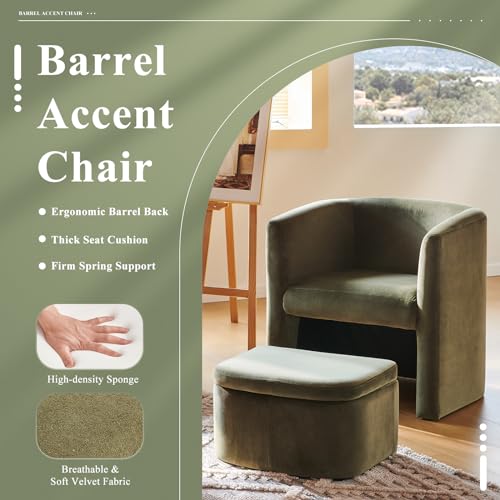 Green Velvet Accent Chair with Storage Ottoman W1062