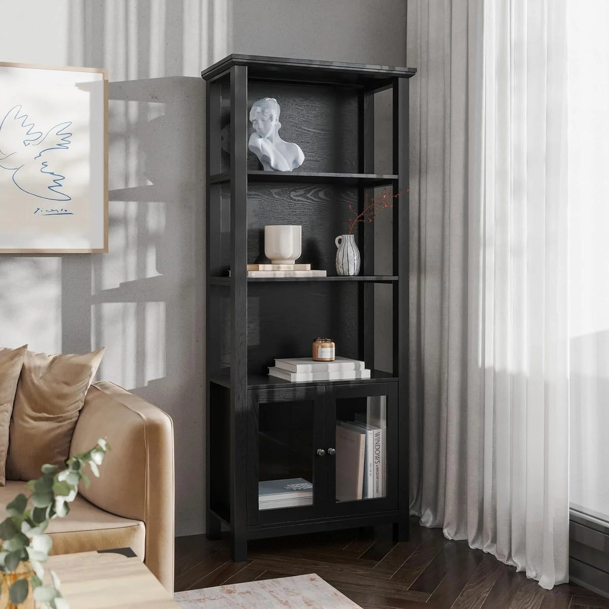 Black Wooden Bookcase And Storage Cabinet With Tempered Glass Doors And 3 Upper Shelves L57333