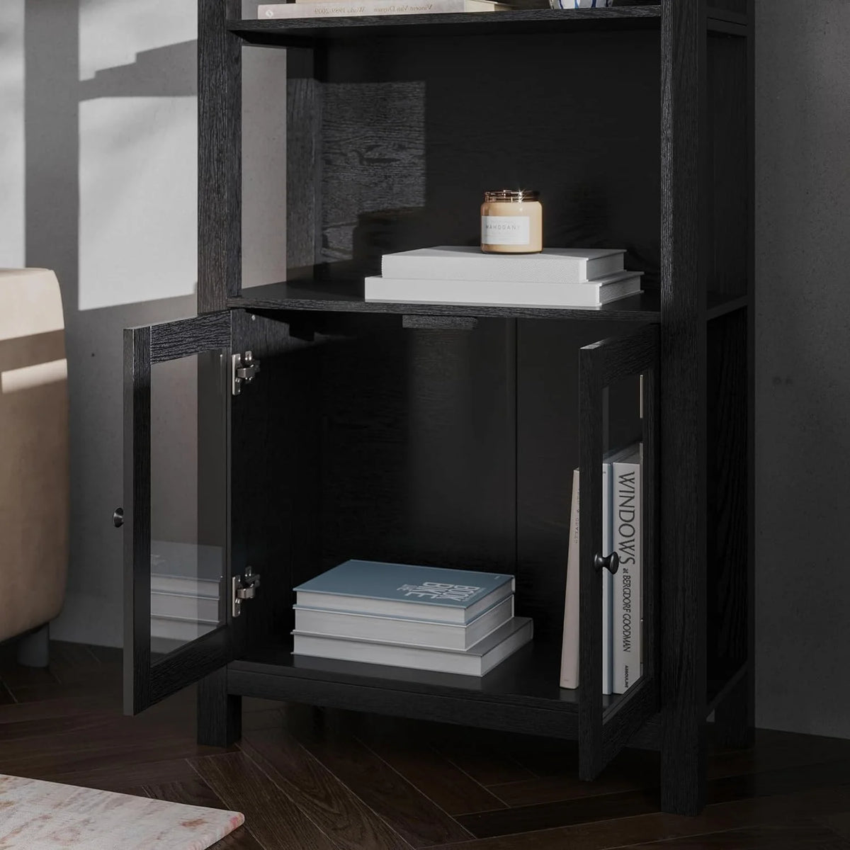 Black Wooden Bookcase And Storage Cabinet With Tempered Glass Doors And 3 Upper Shelves L57333