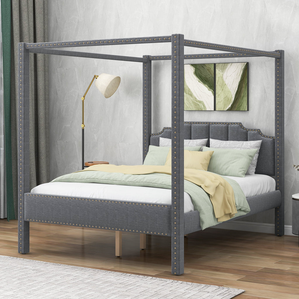 Queen Size Upholstery Canopy Platform Bed with Headboard Gray G68282